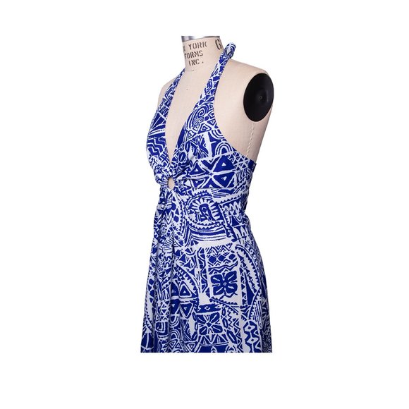 Vintage 60s 70s Hawaii Nei Hawaiian Blue White Halter Maxi Sundress Dress - Picture 11 of 16